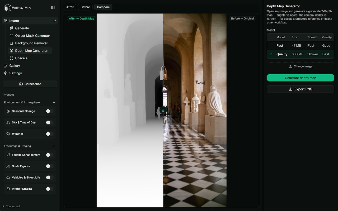 ابزار تولید نقشه عمق Realifik روی یک تصویر معماری