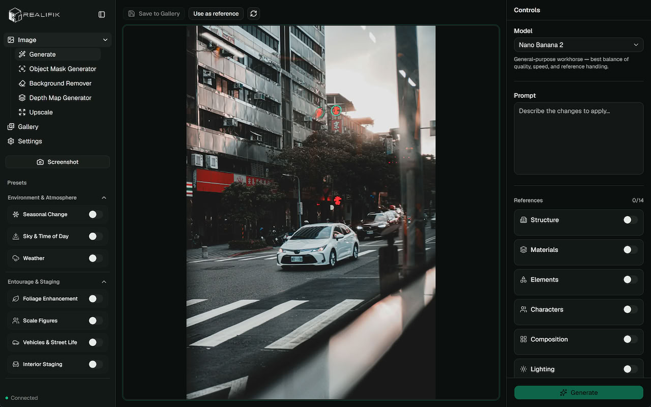 فضای کار تولید تصویر Realifik با پنل رفرنس‌ها، مدل‌ها و پیش‌تنظیم‌ها